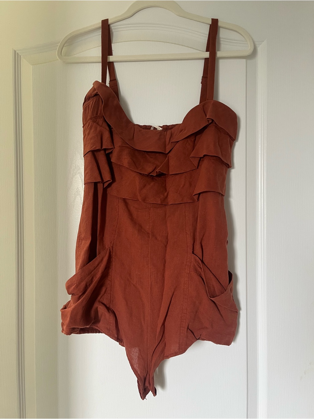Anthropologie Ruffled Rust Romper With Pockets